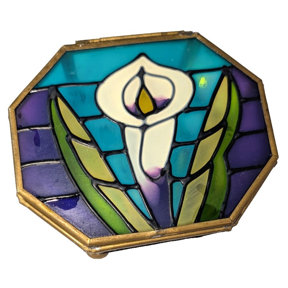 Vintage Brass Stain Glass Lily White Hexagon Trinket Jewelry Box Vanity Dresser